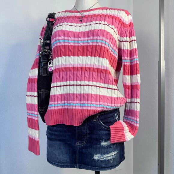 Y2K Liz Claiborne Pink Striped Sweater Cable Knit Cotton Preppy Coquette Large - Picture 1 of 6